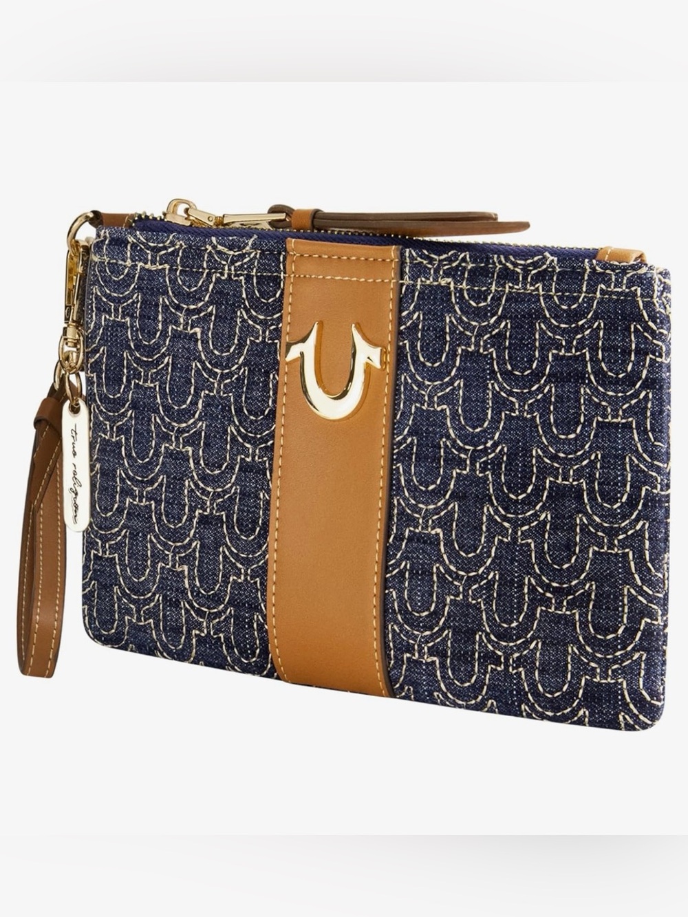 True Religion Denim Quilted  wristlet Clutch Pouch with Wrist Strap